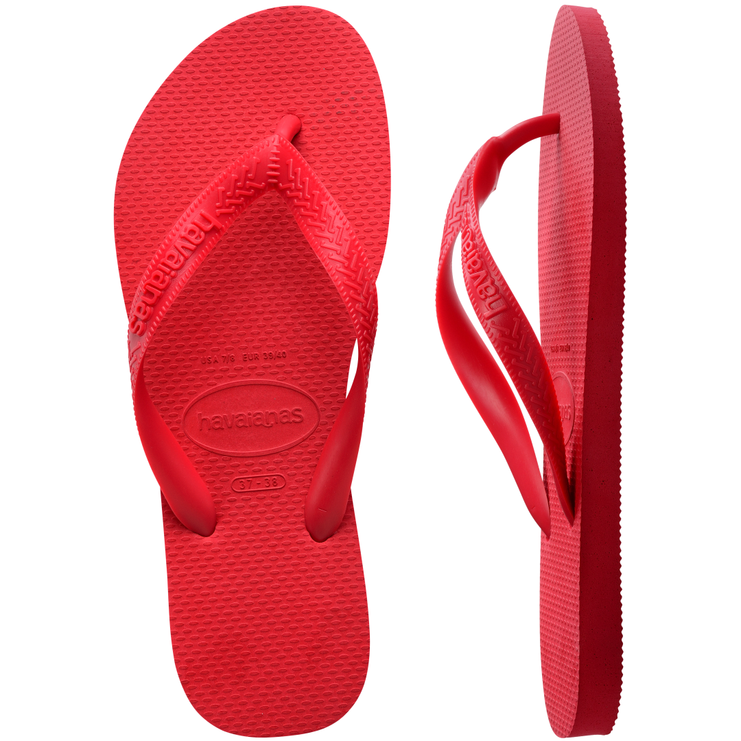 Kids' red flip flops top and side view