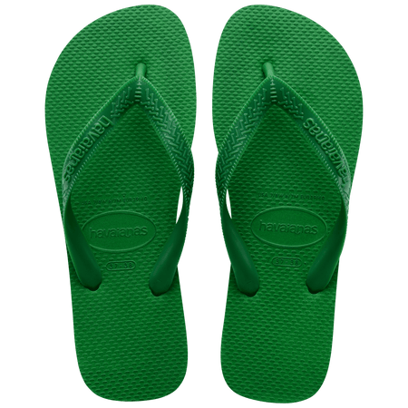 green flip flops with green straps, top view