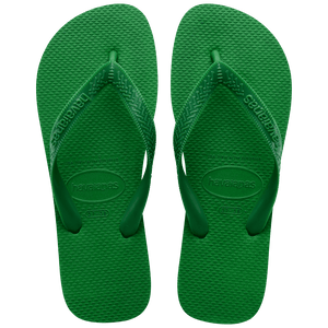 green flip flops with green straps, top view