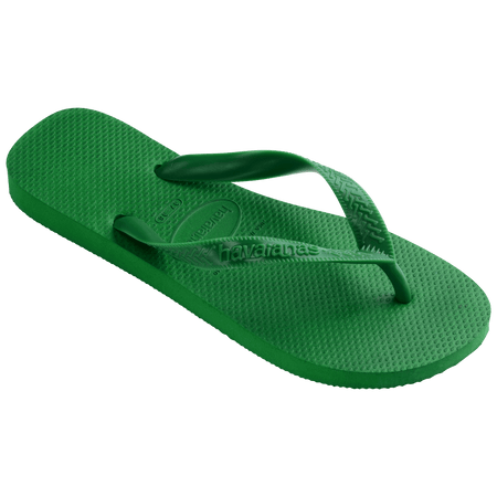 green flip flops with green straps, front right view