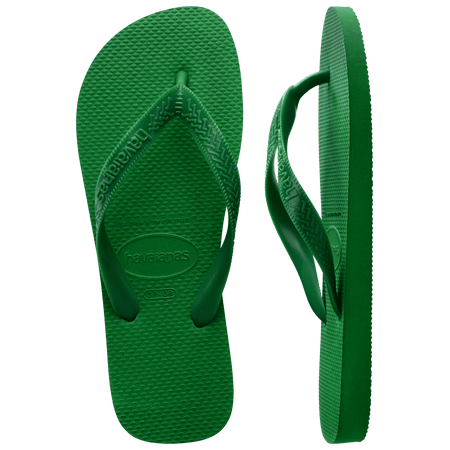 green flip flops with green straps, one shoe top view one shoe side view