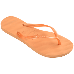 Women's orange flip flops with orange metallic straps, top side angle view