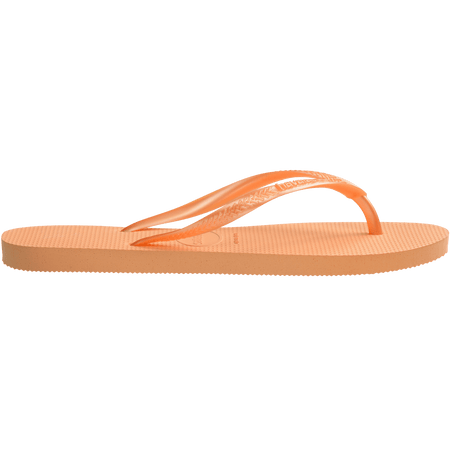 Women's orange flip flops with orange metallic straps, side view