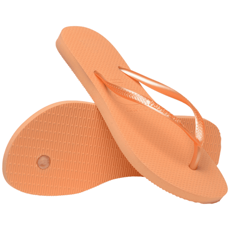 Women's orange flip flops with orange metallic straps, top side angle and bottom view