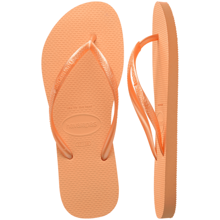 Women's orange flip flops with orange metallic straps, top and side view