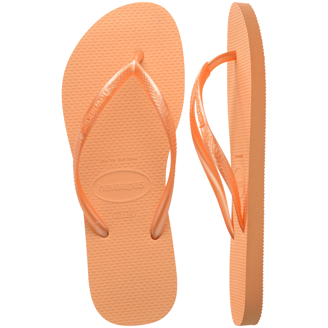 Women's orange flip flops with orange metallic straps, top and side view