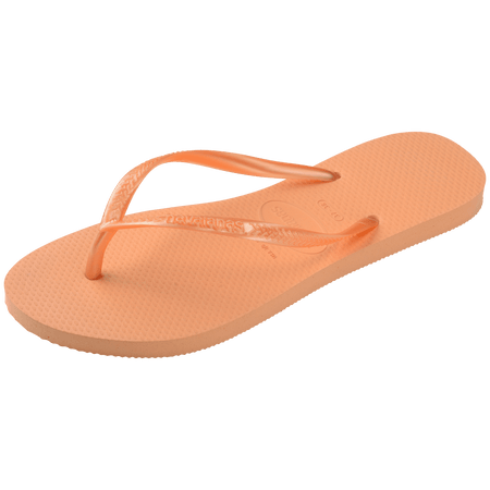 Women's orange flip flops with orange metallic straps, top side angle alternate view