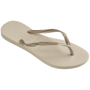 Women's beige flip flops with gold straps, right 3/4 side view