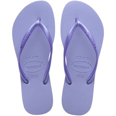 Kids' light purple flip flops with metallic purple straps, top view