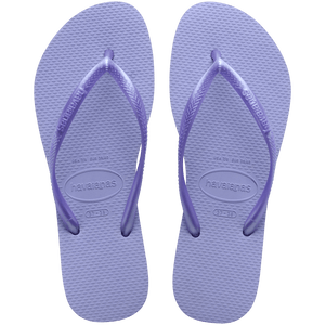 Kids' light purple flip flops with metallic purple straps, top view