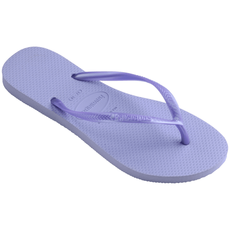 Kids' light purple flip flops with metallic purple straps, 3/4 side view