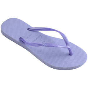 Kids' light purple flip flops with metallic purple straps, 3/4 side view