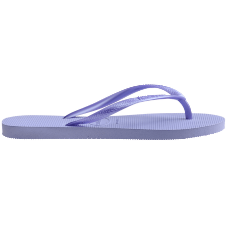 Kids' light purple flip flops with metallic purple straps, side view