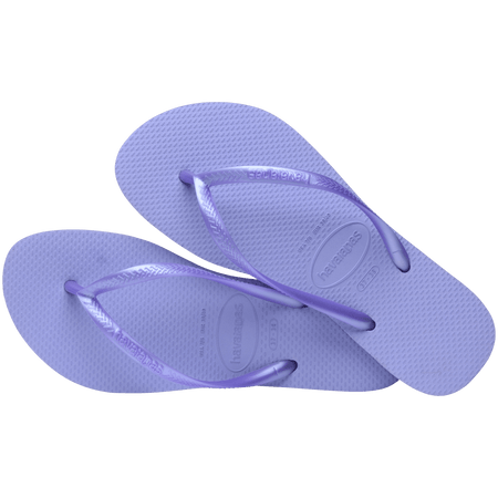 Kids' light purple flip flops with metallic purple straps, alternate top view