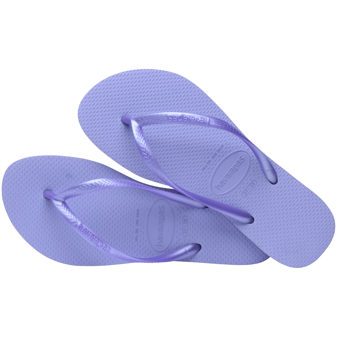 Kids' light purple flip flops with metallic purple straps, alternate top view