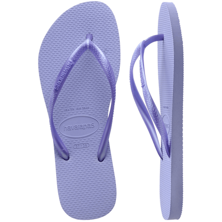 Kids' light purple flip flops with metallic purple straps, top and side view