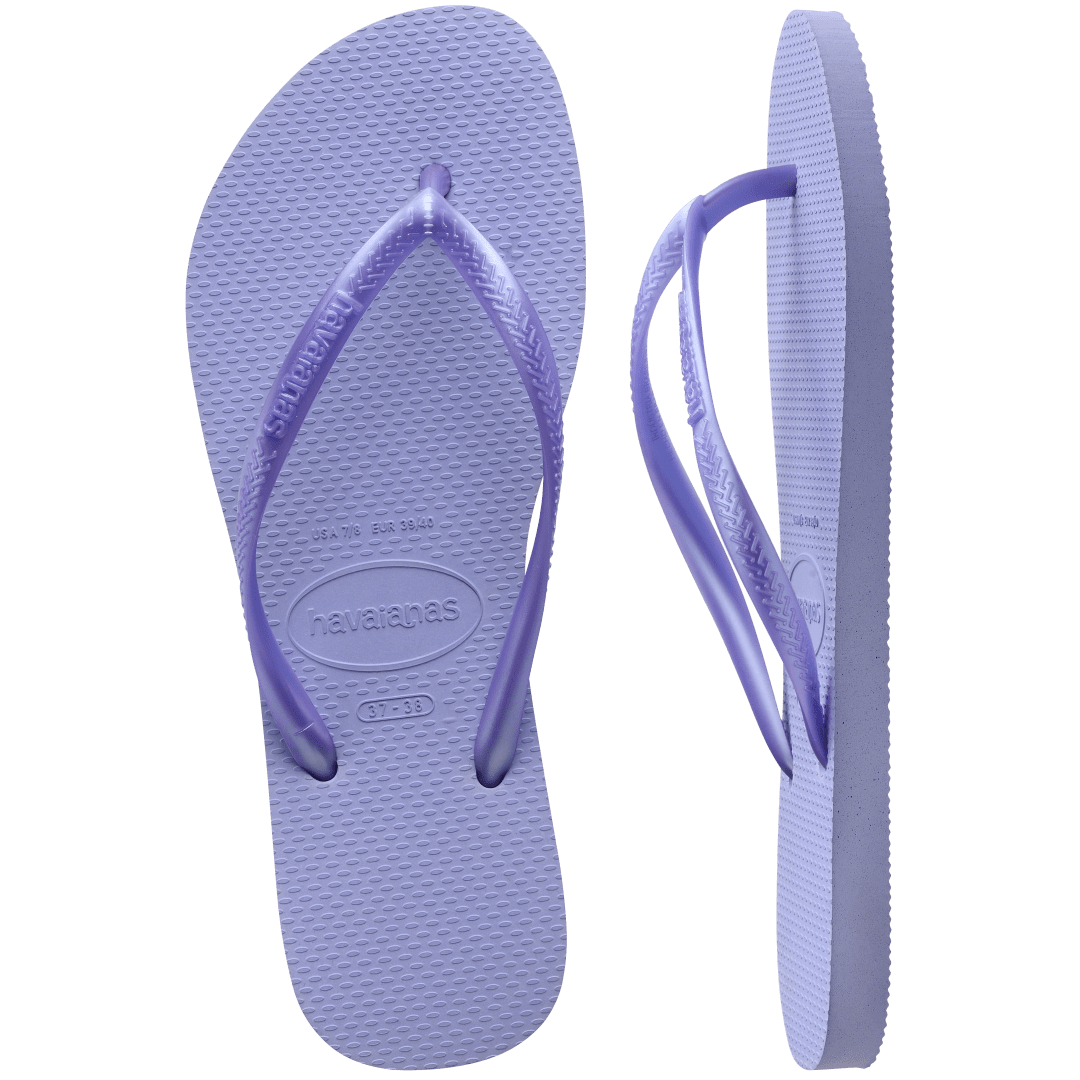 Kids' light purple flip flops with metallic purple straps, top and side view