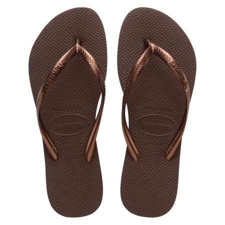 Women's brown flip flops with metallic brown straps top view