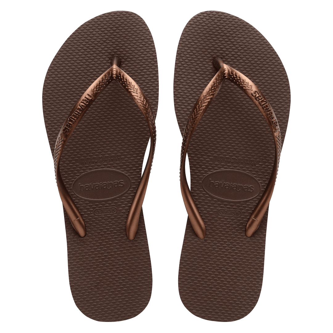 Women's brown flip flops with metallic brown straps top view