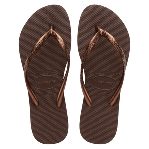 Women's brown flip flops with metallic brown straps top view