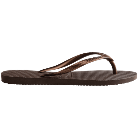 Women's brown flip flops with metallic brown straps side view