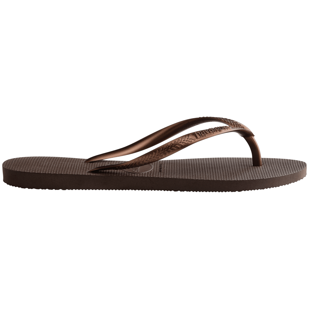 Women's brown flip flops with metallic brown straps side view