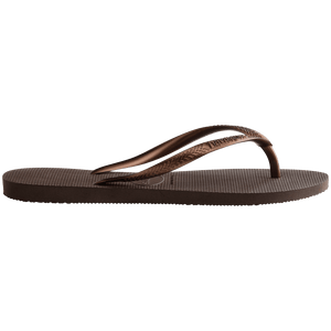 Women's brown flip flops with metallic brown straps side view