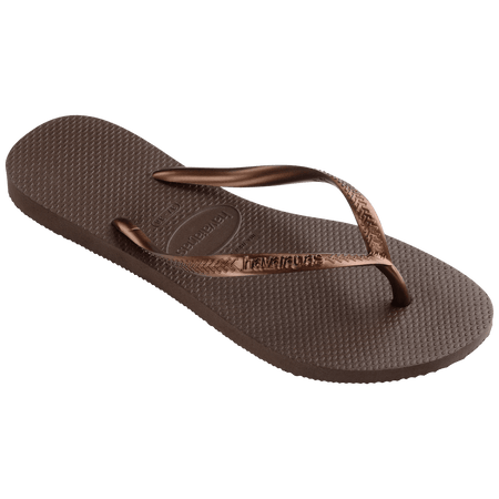 Women's brown flip flops with metallic brown straps 3/4 side view