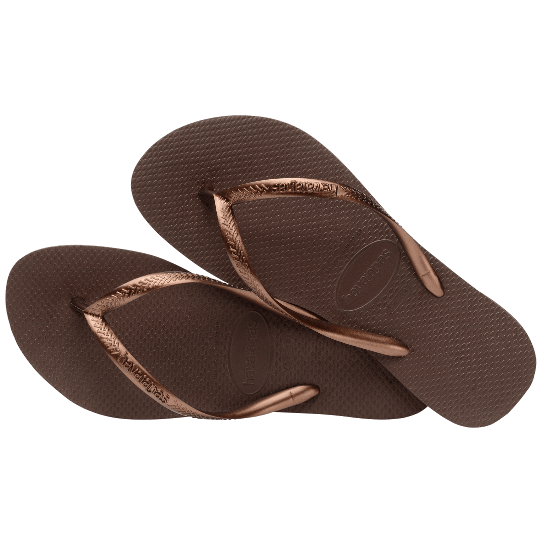 Women's brown flip flops with metallic brown straps alternate top view