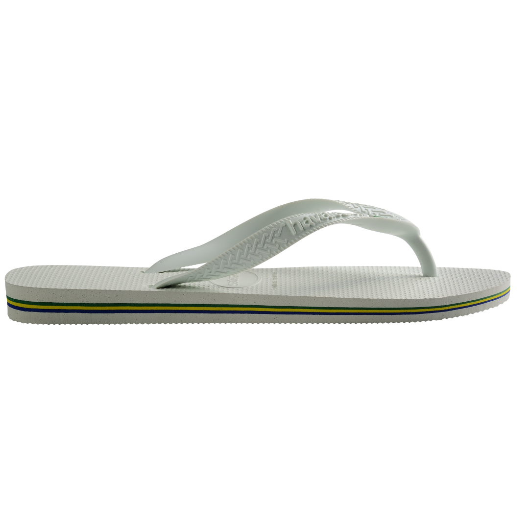 Men's white flip flop with white straps, Brazil flag detail and contrast sole detail side view