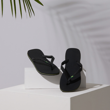 Men's black flip flop with black straps, Brazil flag and contrast color sole detail lifestyle image