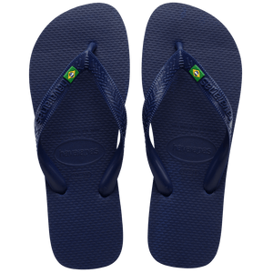 Navy blue women's flip flop with Brazil flag on strap top view