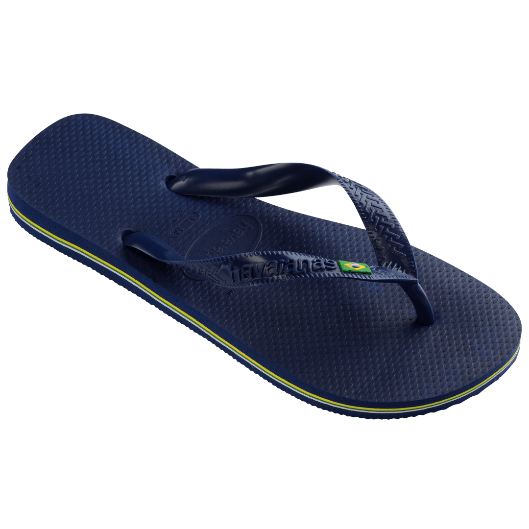 Navy blue women's flip flop with Brazil flag on strap right 3/4 view