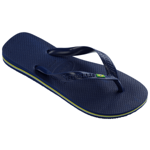 Navy blue women's flip flop with Brazil flag on strap right 3/4 view