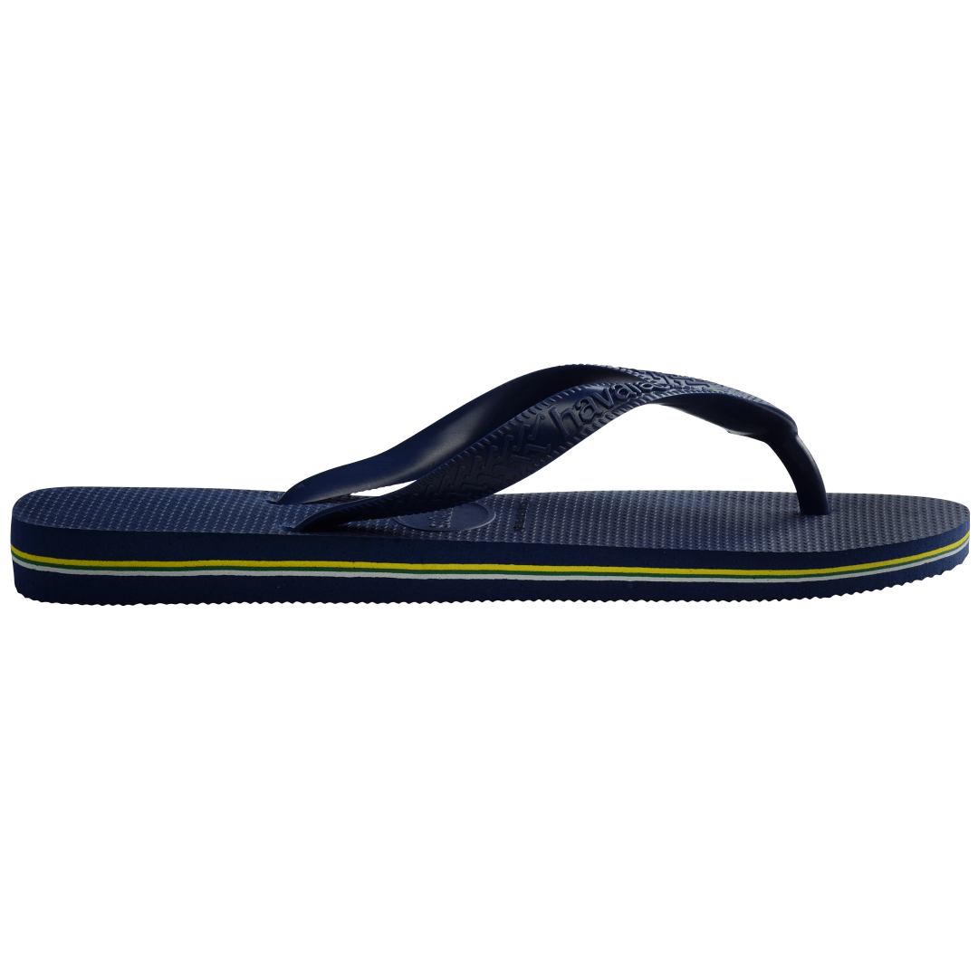 Navy blue women's flip flop with Brazil flag on strap side view