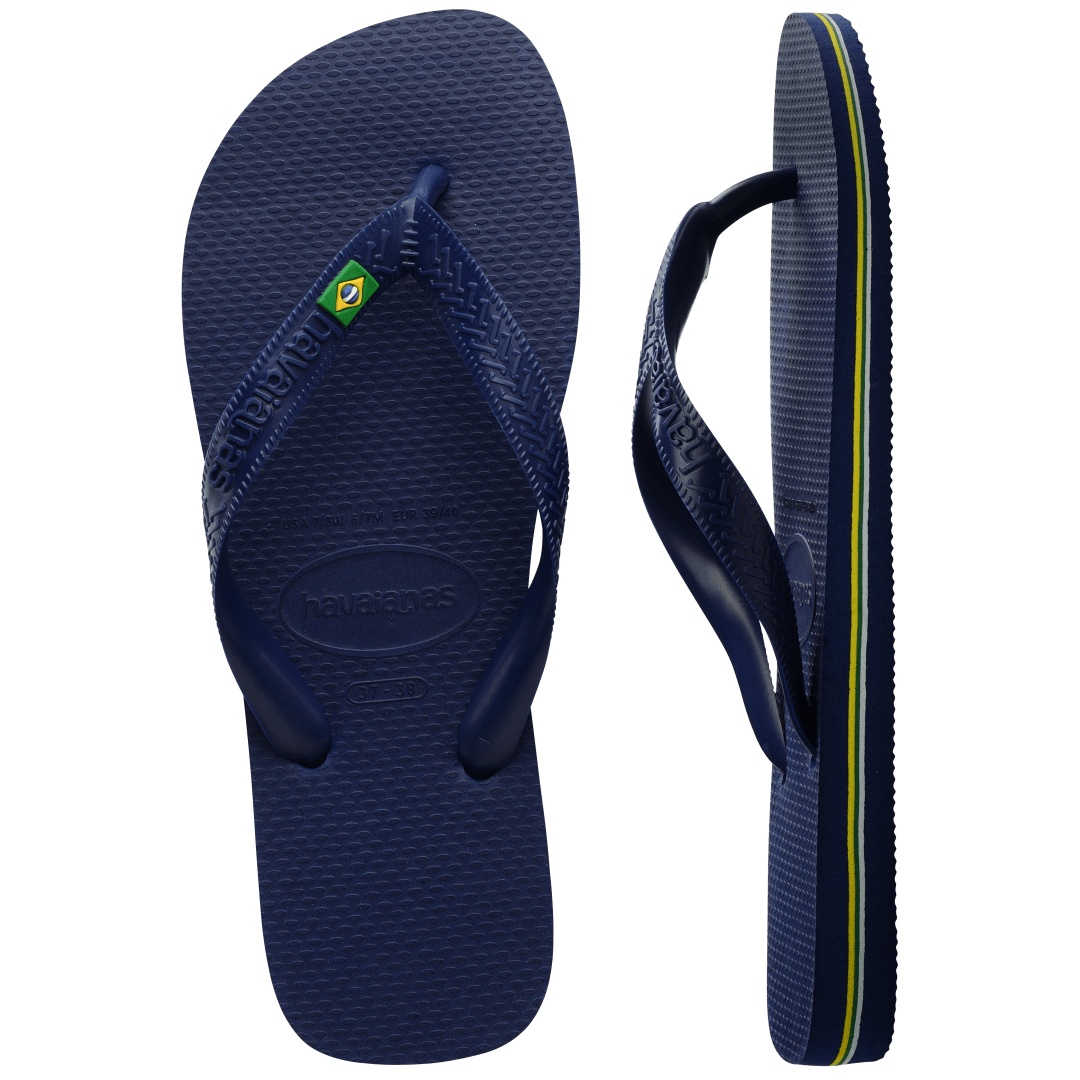 Navy blue women's flip flop with Brazil flag on strap top view and side view