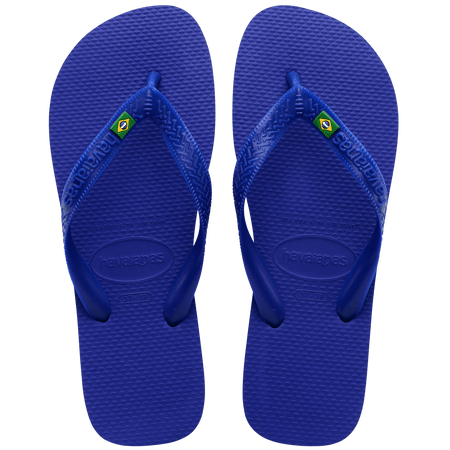 Men's cobalt blue flip flop with Brazil flag detail on the straps, top view