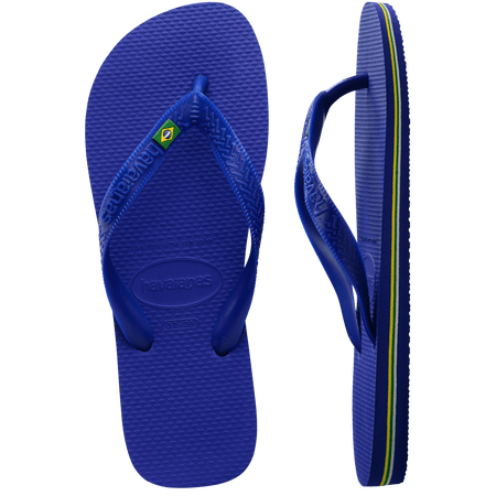 Women's cobalt blue flip flop with Brazil flag detail on the straps, top and side view