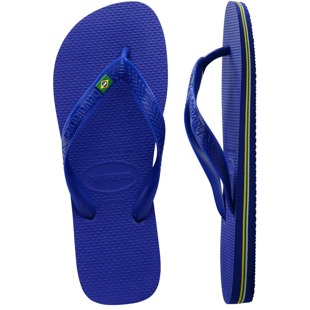 Women's cobalt blue flip flop with Brazil flag detail on the straps, top and side view