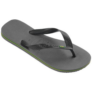 Men's dark grey flip flop with black straps and Brazil flag and multi color sole 3/4 view