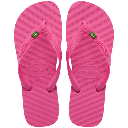 Women's bright pink flip flop with Brazil flag on the straps, top view