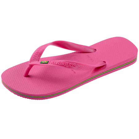 Women's bright pink flip flop with Brazil flag on the straps and contrast stripes in sole, left 3/4 view