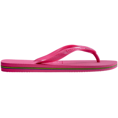 Women's bright pink flip flop with Brazil flag on the straps and contrast stripes in sole, side view