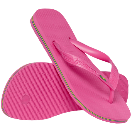 Women's bright pink flip flop with Brazil flag on the straps and contrast stripes in sole, sole and top view