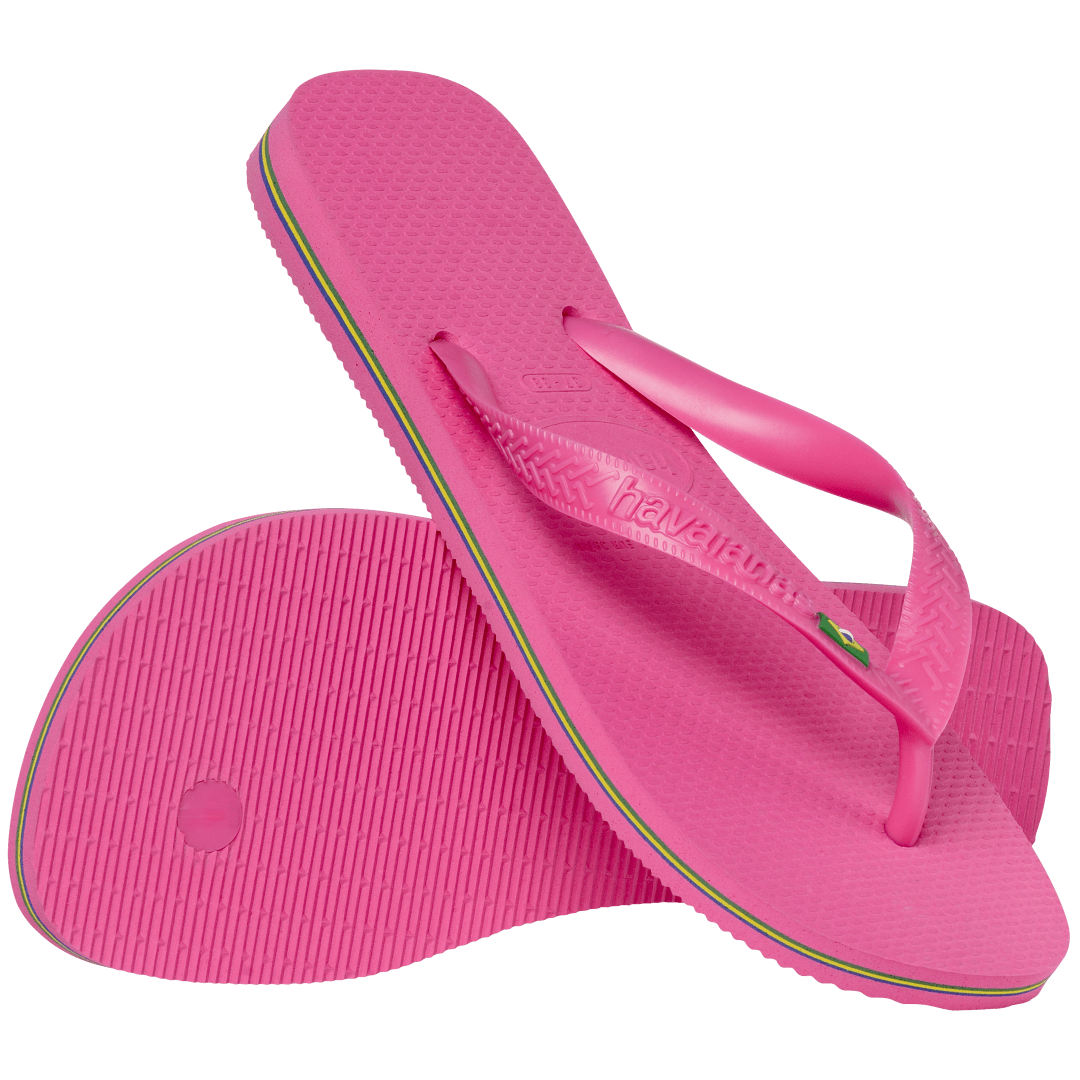 Women's bright pink flip flop with Brazil flag on the straps and contrast stripes in sole, sole and top view