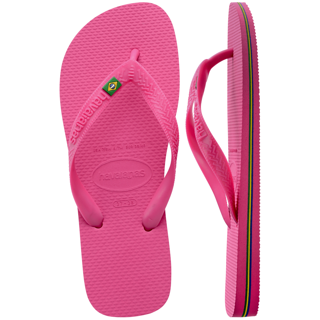 Women's bright pink flip flop with Brazil flag on the straps and contrast stripes in sole, top and side view