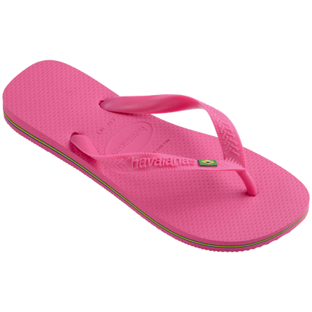 Women's bright pink flip flop with Brazil flag on the straps and contrast stripes in sole, right 3/4 view