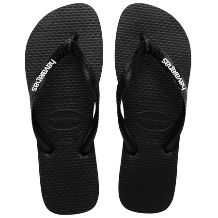 Men's black flip flops with white stripe contrast sole top view