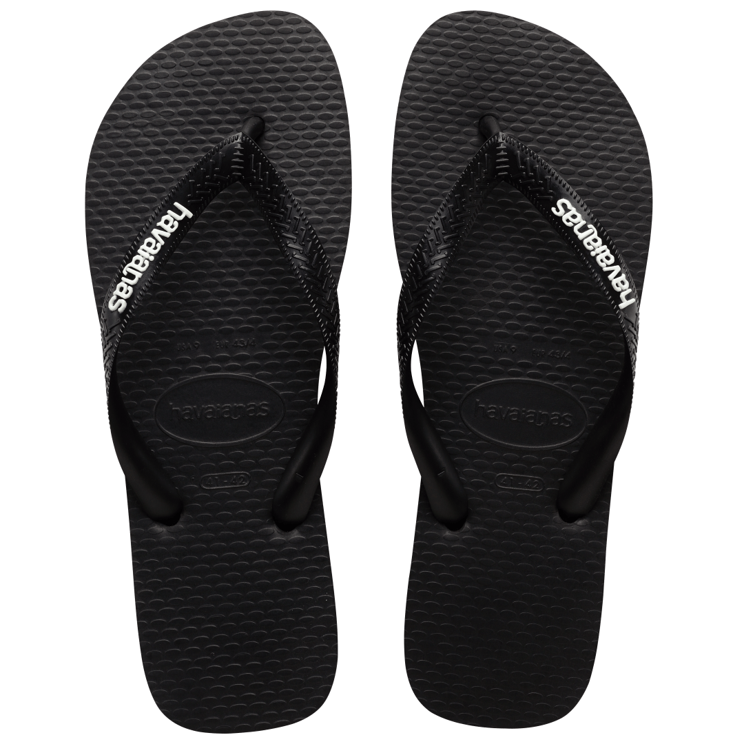 Men's black flip flops with white stripe contrast sole top view