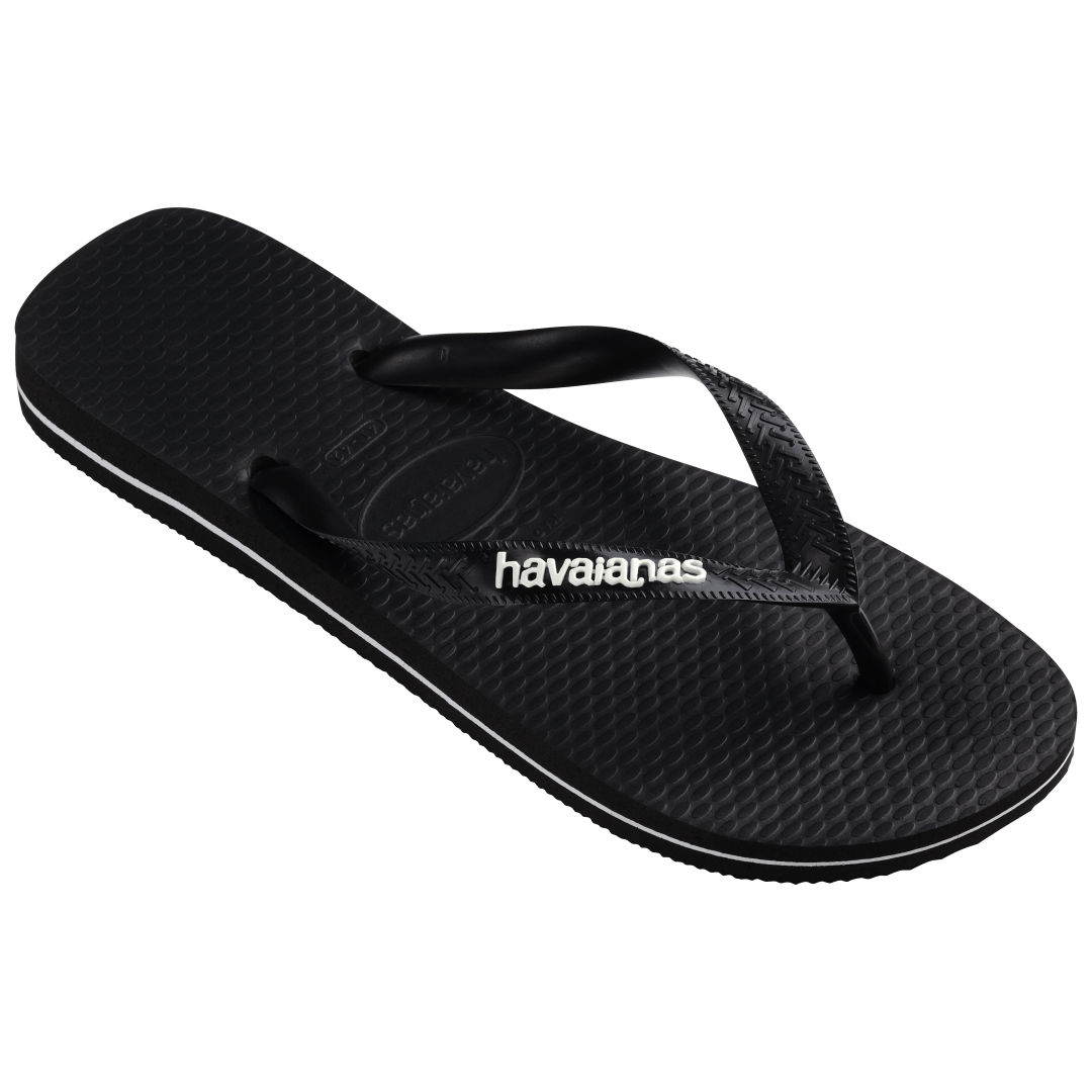 Kids' black flip flops with white stripe contrast sole 3/4 side view